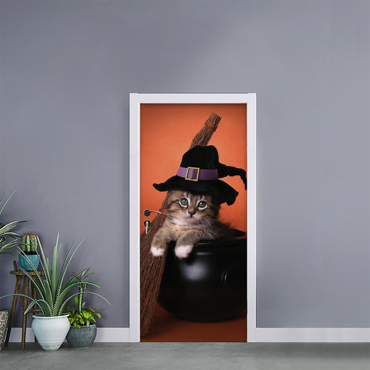 Halloween Cute Witch Cat Print Door Sticker