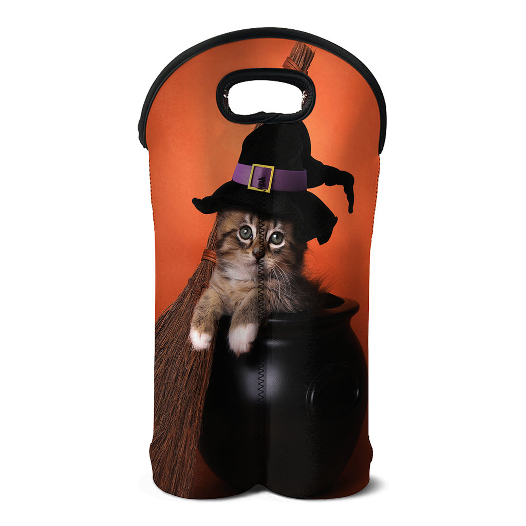 Halloween Cute Witch Cat Print Double Neoprene Wine Tote