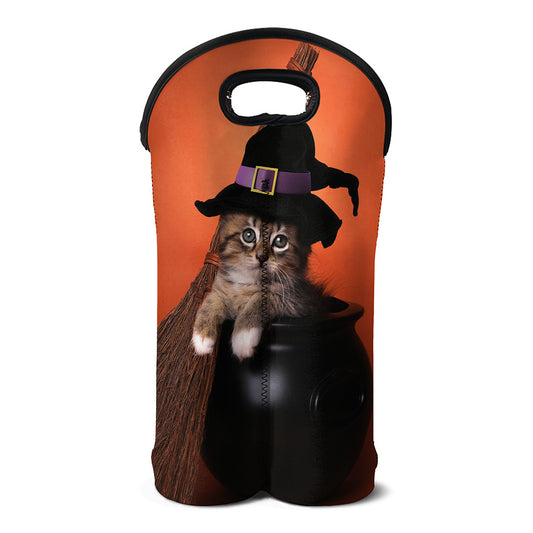 Halloween Cute Witch Cat Print Double Neoprene Wine Tote