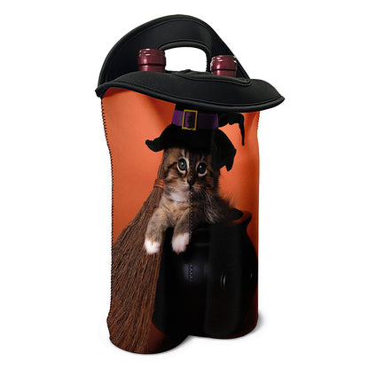 Halloween Cute Witch Cat Print Double Neoprene Wine Tote