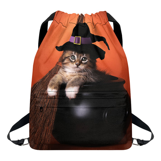 Halloween Cute Witch Cat Print Drawstring Backpack