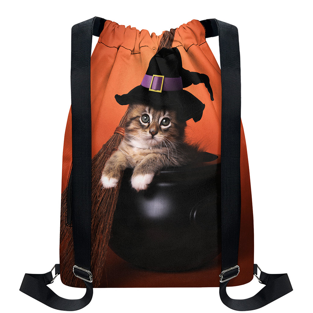 Halloween Cute Witch Cat Print Drawstring Backpack