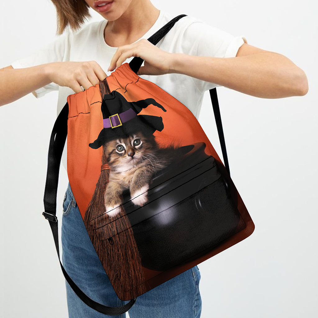 Halloween Cute Witch Cat Print Drawstring Backpack