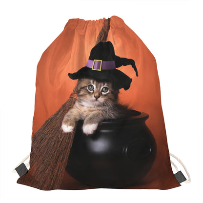 Halloween Cute Witch Cat Print Drawstring Bag