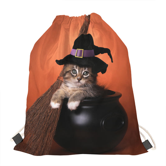 Halloween Cute Witch Cat Print Drawstring Bag