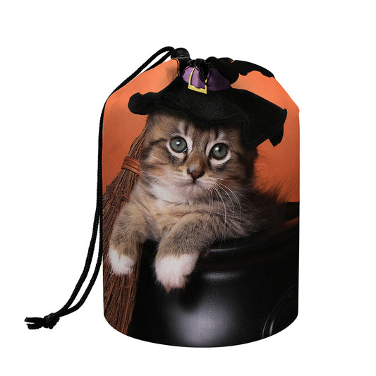 Halloween Cute Witch Cat Print Drawstring Makeup Bag