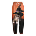 Halloween Cute Witch Cat Print Fleece Lined Knit Pants