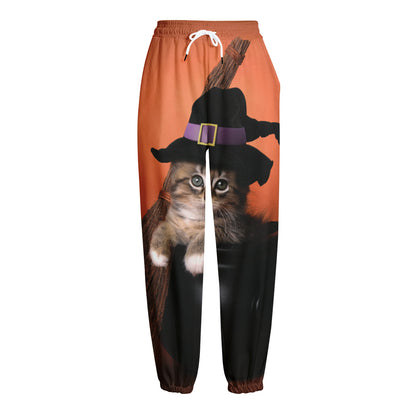 Halloween Cute Witch Cat Print Fleece Lined Knit Pants