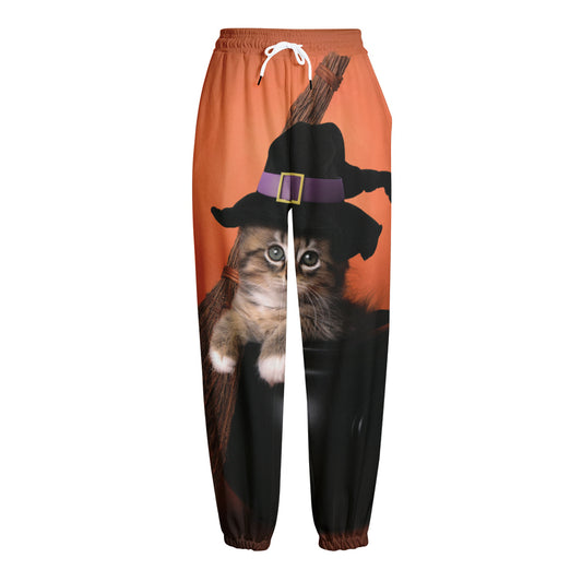 Halloween Cute Witch Cat Print Fleece Lined Knit Pants