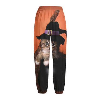 Halloween Cute Witch Cat Print Fleece Lined Knit Pants