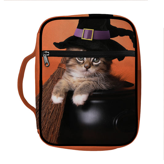 Halloween Cute Witch Cat Print Front Pocket Bible Bag
