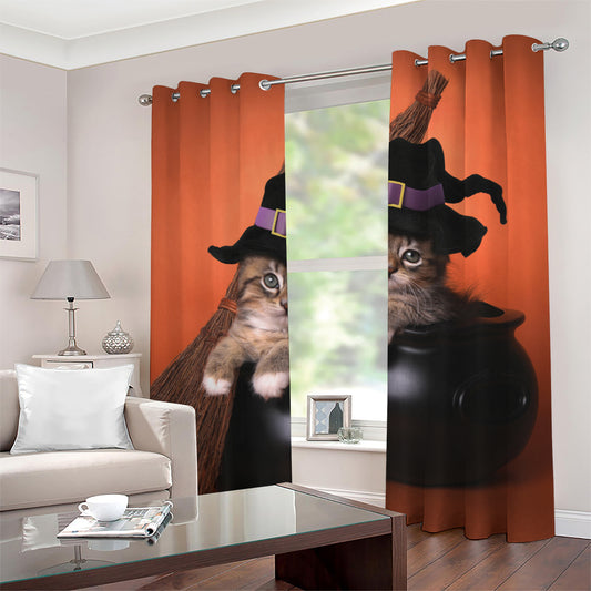 Halloween Cute Witch Cat Print Grommet Curtains
