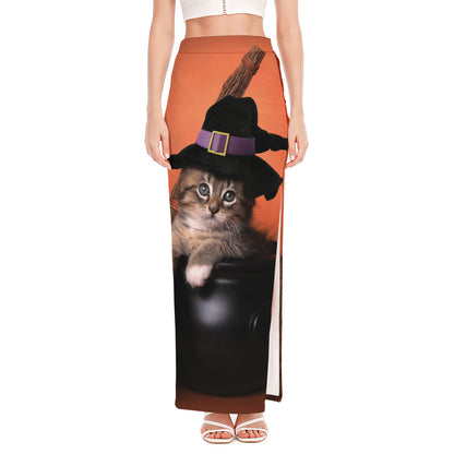 Halloween Cute Witch Cat Print High Slit Maxi Skirt