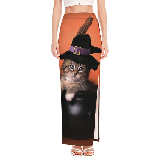 Halloween Cute Witch Cat Print High Slit Maxi Skirt