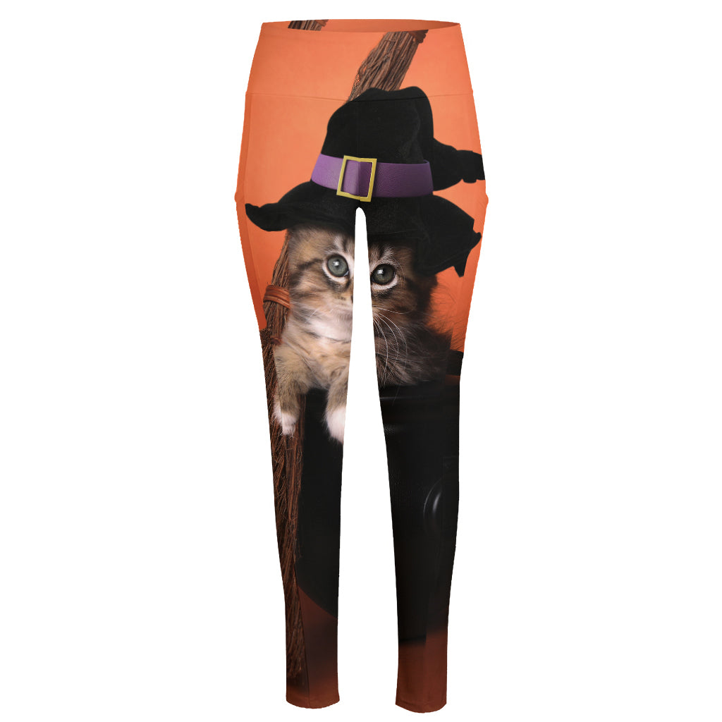 Halloween Cute Witch Cat Print High-Waisted Pocket Leggings