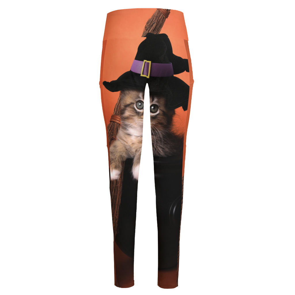Halloween Cute Witch Cat Print High-Waisted Pocket Leggings