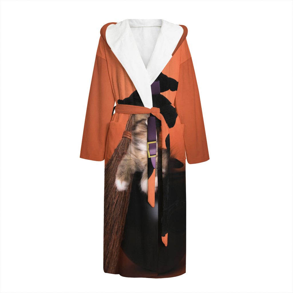 Halloween Cute Witch Cat Print Hooded Bathrobe