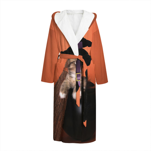 Halloween Cute Witch Cat Print Hooded Bathrobe