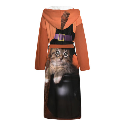 Halloween Cute Witch Cat Print Hooded Bathrobe