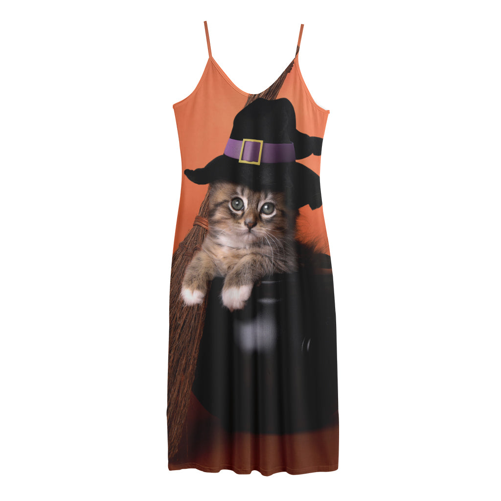 Halloween Cute Witch Cat Print Jersey Midi Cami Dress
