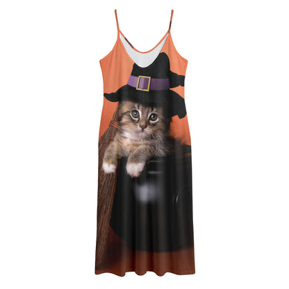 Halloween Cute Witch Cat Print Jersey Midi Cami Dress