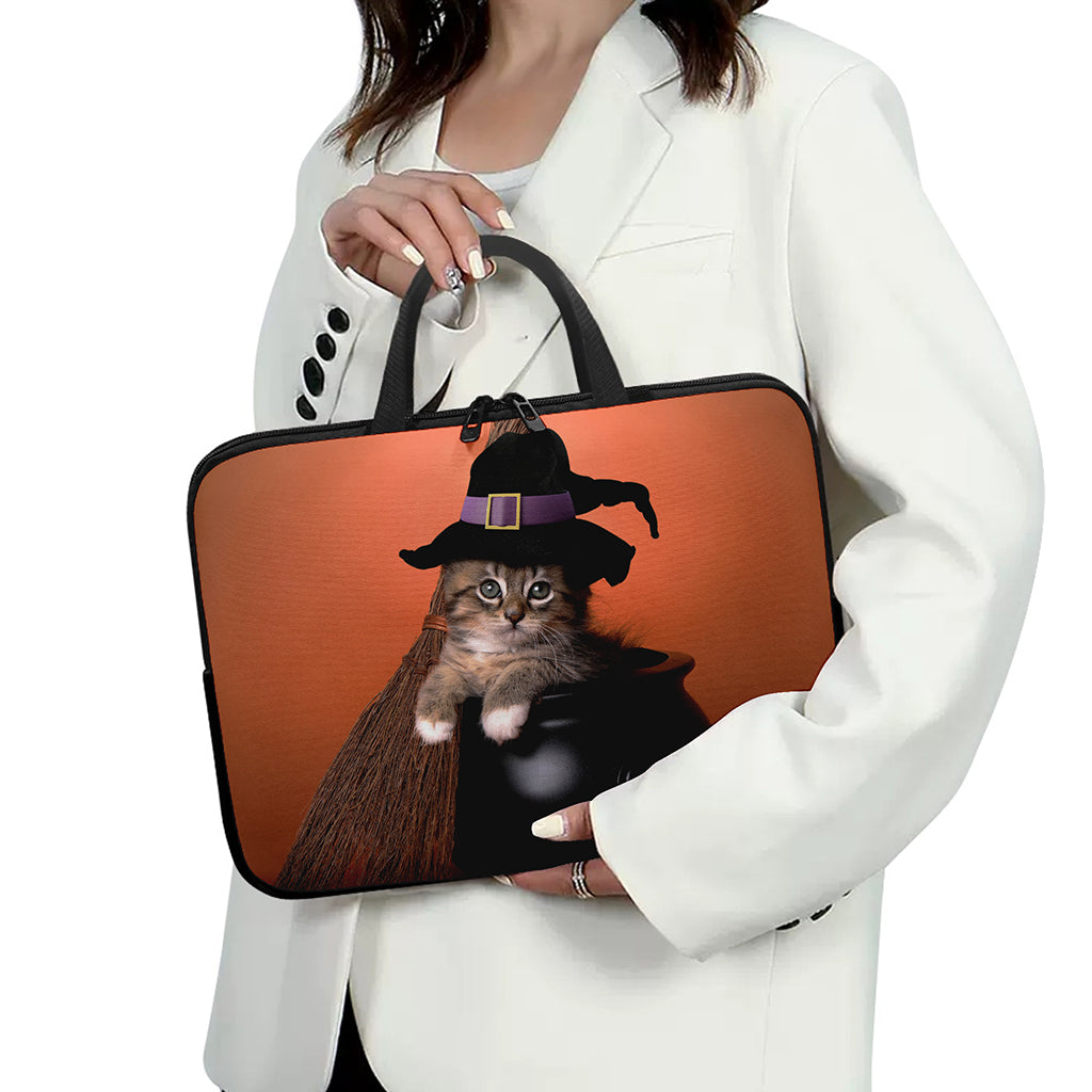 Halloween Cute Witch Cat Print Laptop Sleeve With Handle