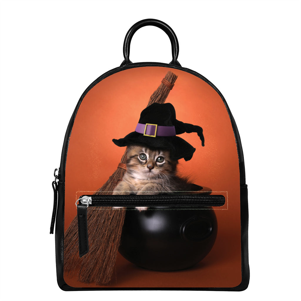 Halloween Cute Witch Cat Print Leather Backpack