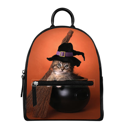 Halloween Cute Witch Cat Print Leather Backpack
