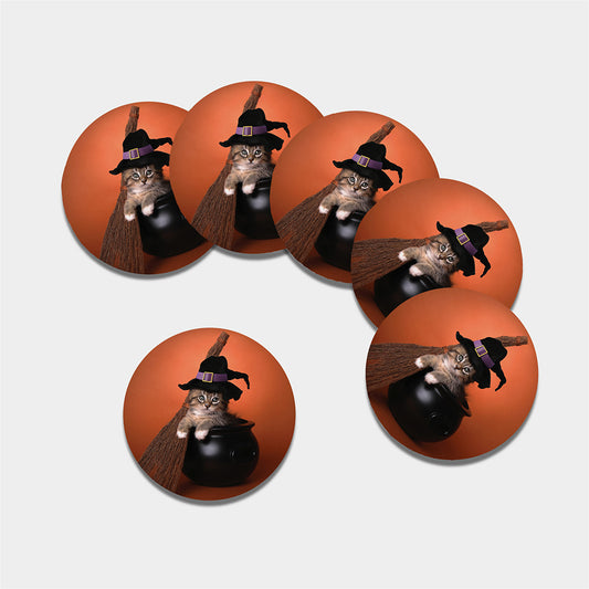 Halloween Cute Witch Cat Print Leather Coaster Set