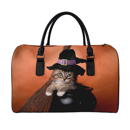 Halloween Cute Witch Cat Print Leather Duffle Bag