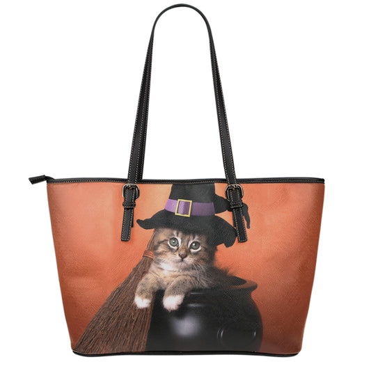 Halloween Cute Witch Cat Print Leather Tote Bag