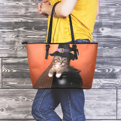 Halloween Cute Witch Cat Print Leather Tote Bag