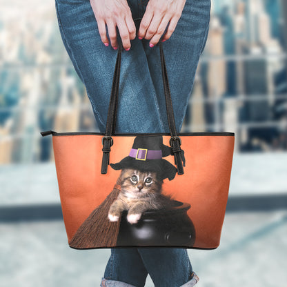 Halloween Cute Witch Cat Print Leather Tote Bag