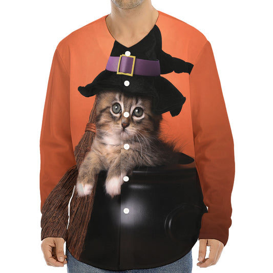 Halloween Cute Witch Cat Print Long Sleeve Baseball Jersey