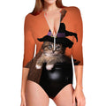 Halloween Cute Witch Cat Print Long Sleeve Swimsuit