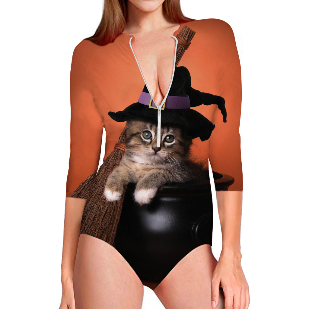 Halloween Cute Witch Cat Print Long Sleeve Swimsuit