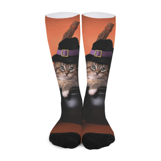 Halloween Cute Witch Cat Print Long Socks