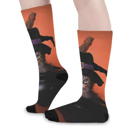 Halloween Cute Witch Cat Print Long Socks