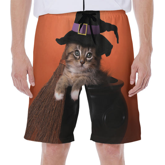 Halloween Cute Witch Cat Print Men's Beach Shorts