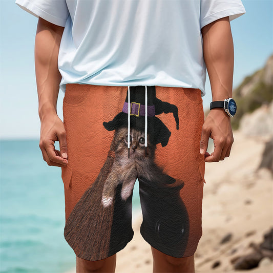 Halloween Cute Witch Cat Print Men's Cargo Shorts