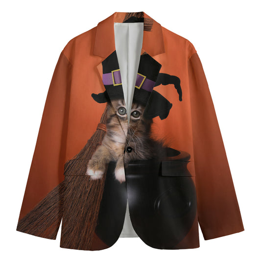 Halloween Cute Witch Cat Print Men's Cotton Blazer