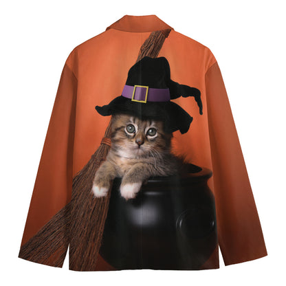 Halloween Cute Witch Cat Print Men's Cotton Blazer