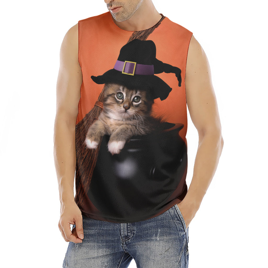 Halloween Cute Witch Cat Print Men's Fitness Tank Top