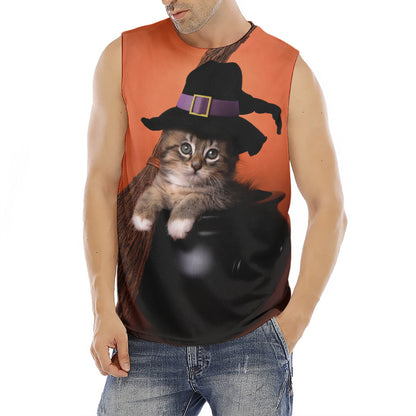 Halloween Cute Witch Cat Print Men's Fitness Tank Top