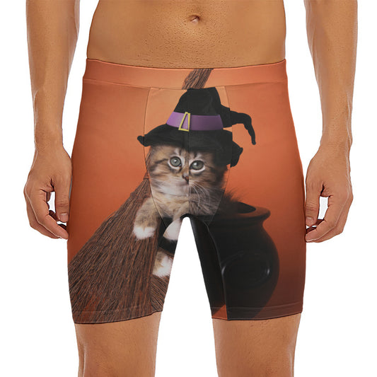 Halloween Cute Witch Cat Print Men's Long Boxer Briefs