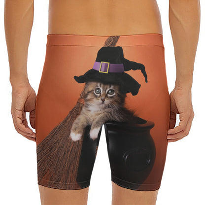 Halloween Cute Witch Cat Print Men's Long Boxer Briefs