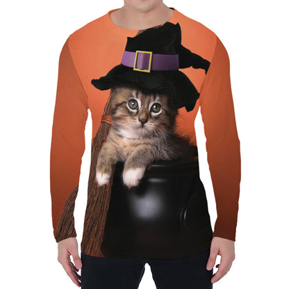 Halloween Cute Witch Cat Print Men's Long Sleeve T-Shirt