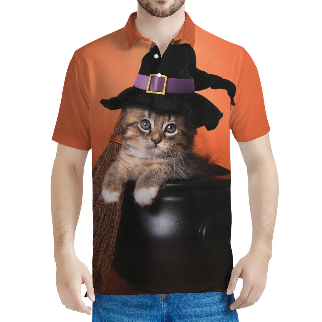 Halloween Cute Witch Cat Print Men's Polo Shirt
