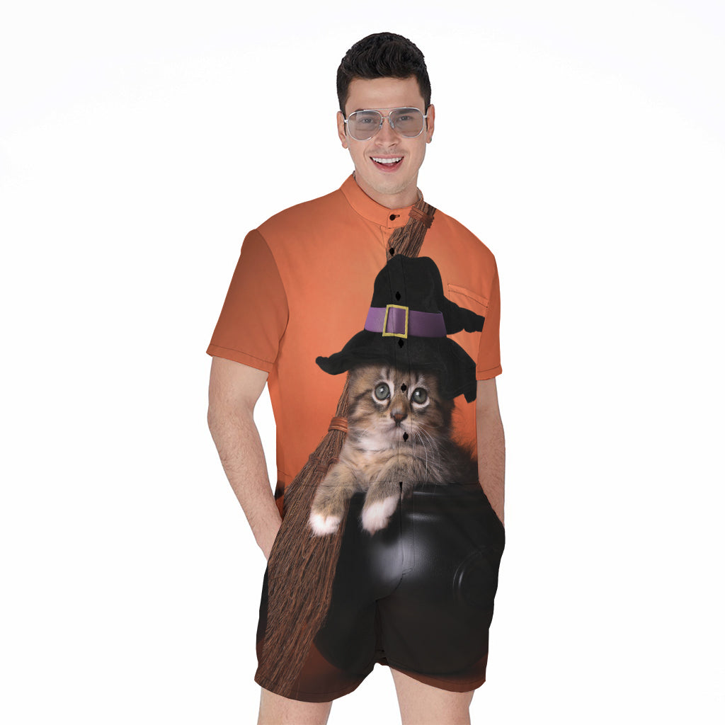 Halloween Cute Witch Cat Print Men's Rompers