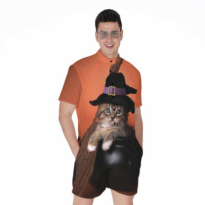 Halloween Cute Witch Cat Print Men's Rompers